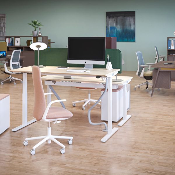 Back to back workstations with BuzziScreen desk partitions, Circa desk lamps and Active Components personal storage pedestals.