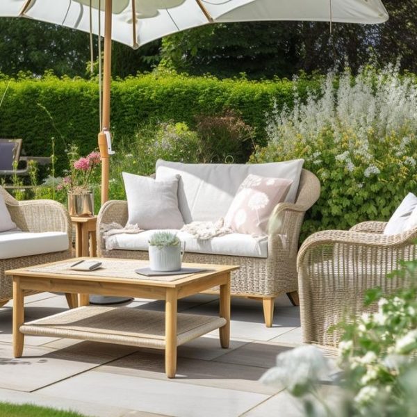 Charming,Serene,Garden,Patio,With,Cozy,Outdoor,Furniture,,Accent,Pillows